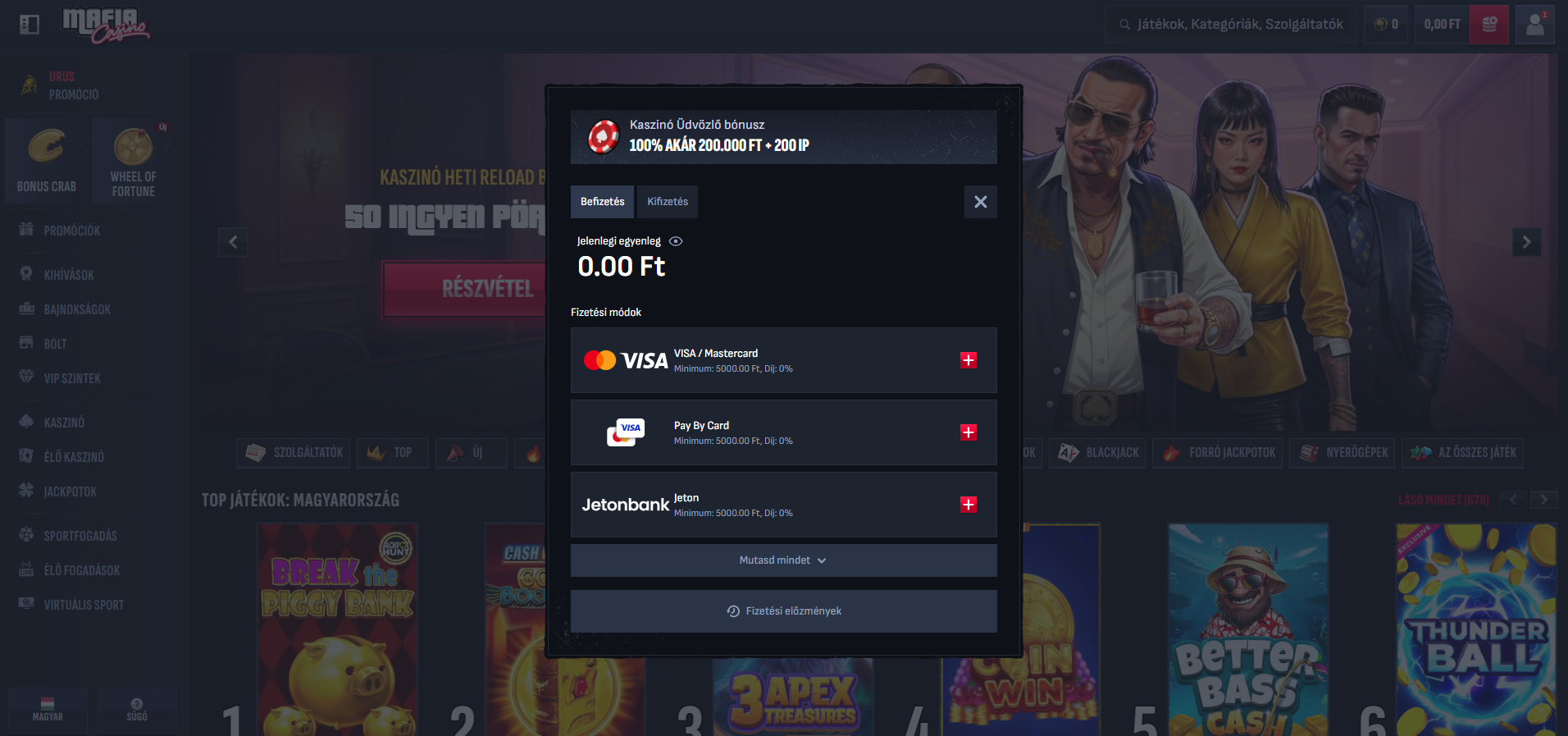 MafiaCasino befizetési képernyő – Visa, Mastercard, Pay by Card, Jetonbank