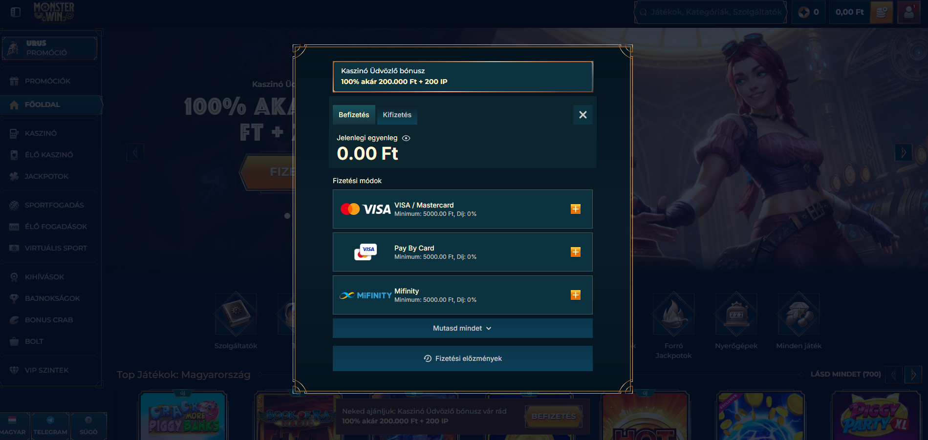 MonsterWin befizetési képernyő – Visa, Mastercard, Pay by Card