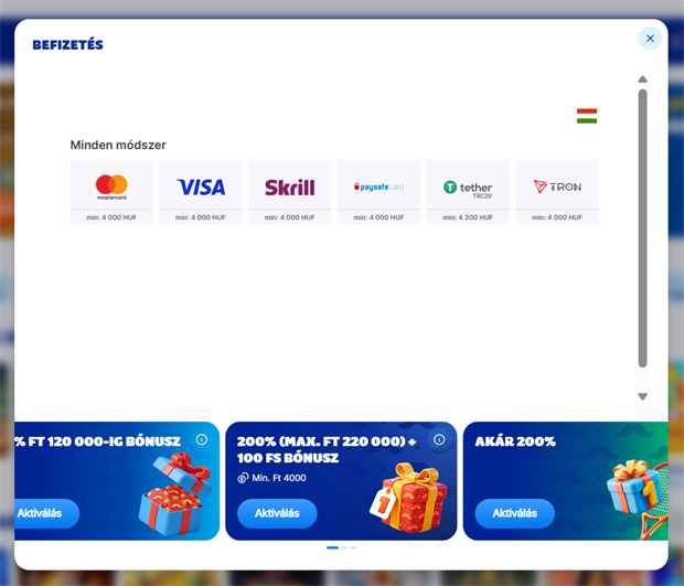 MrBet befizetési képernyő – Mastercard, Visa, Skrill, Paysafecard, Tether USDT, TRON (min. 4.000 Ft)