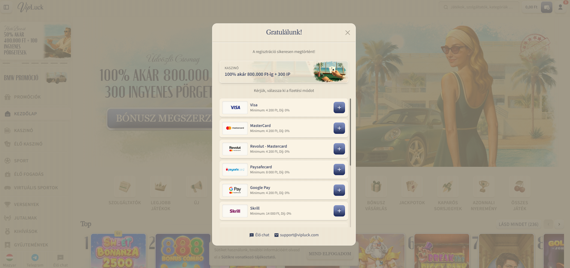 Vipluck befizetési képernyő – Visa, Mastercard, Neosurf, Paysafecard, Google Pay, Skrill